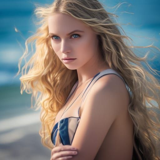 Blond Woman Walking on Beach in Detailed Photo