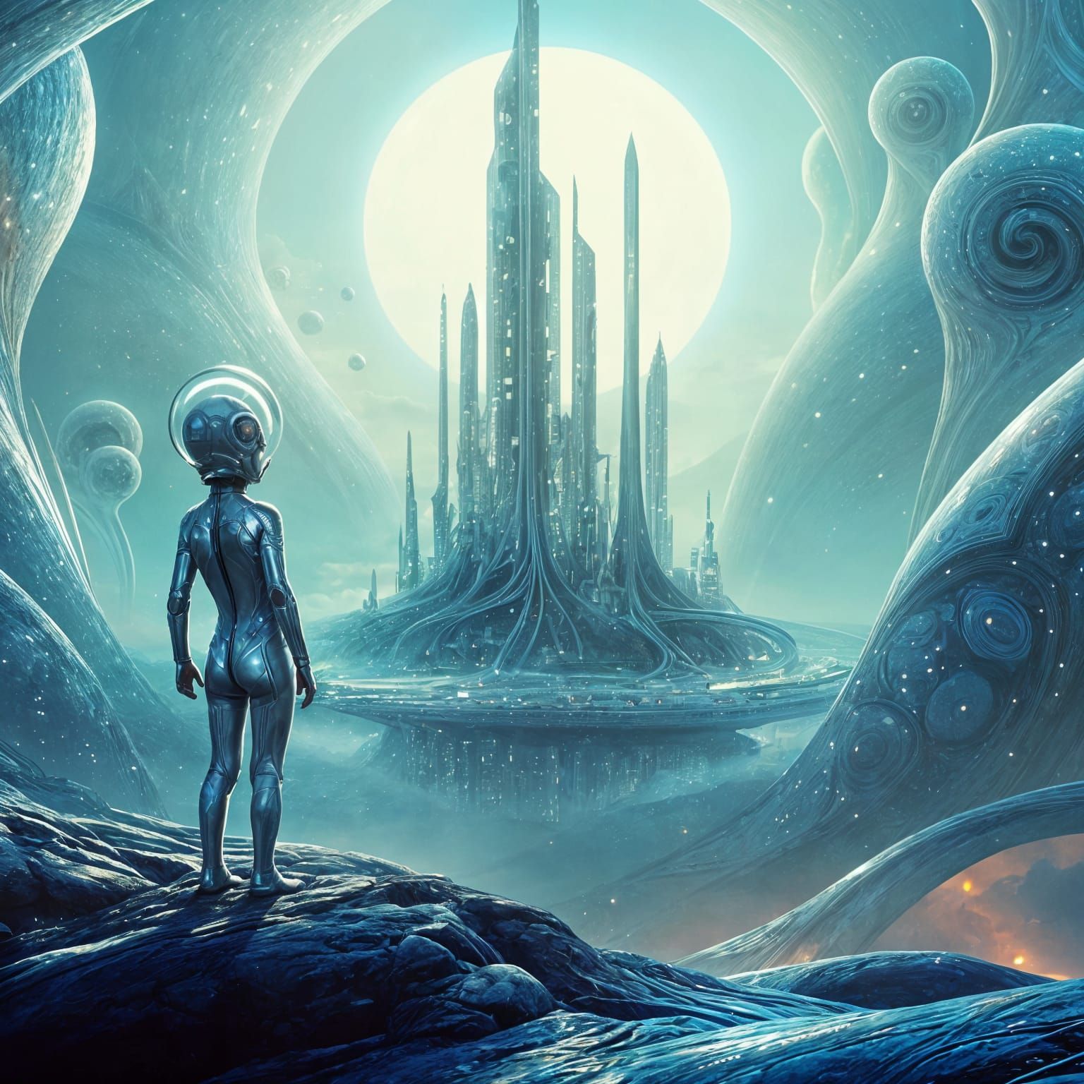 Child in Silver Suit Gazes at Alien Cityscape