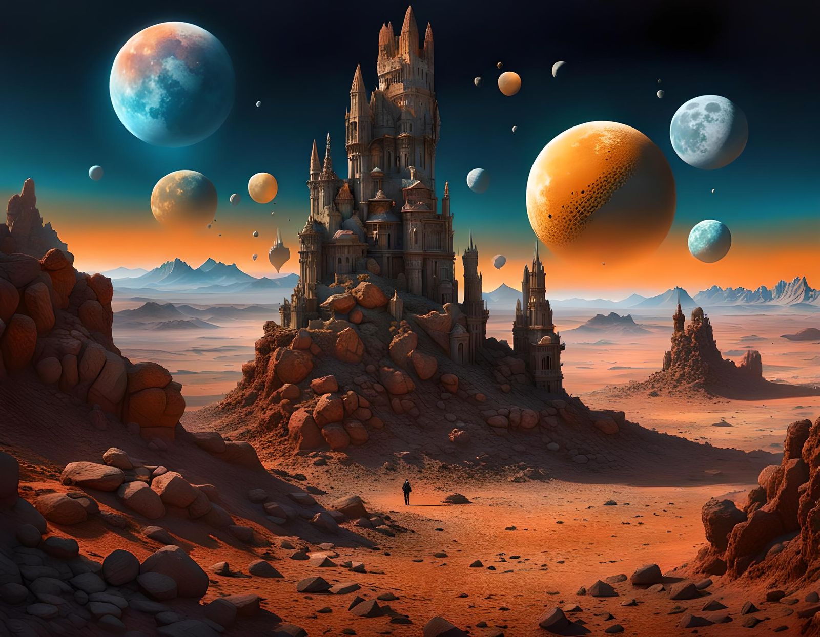 Majolica Flying Rock Towers in Barren Landscape