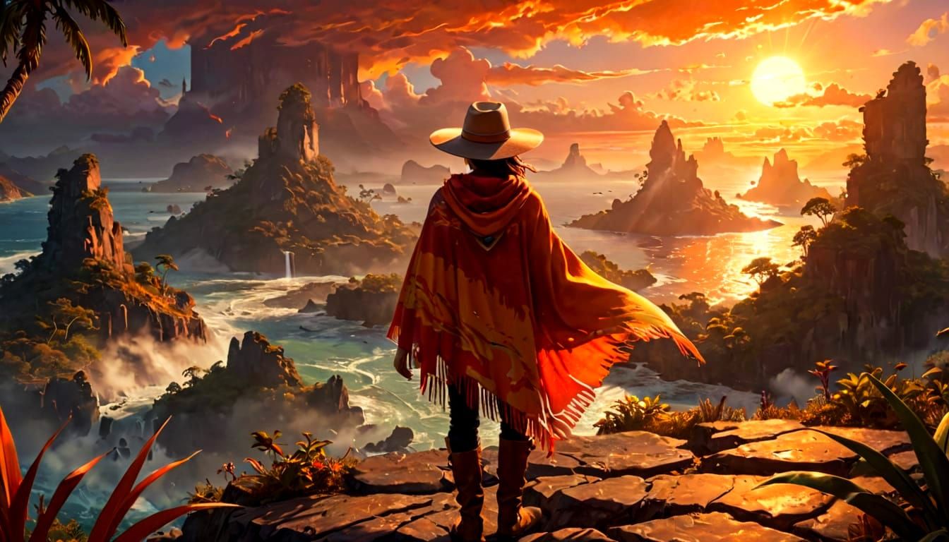 Surreal Tropical Sunset with Androgynous Figure