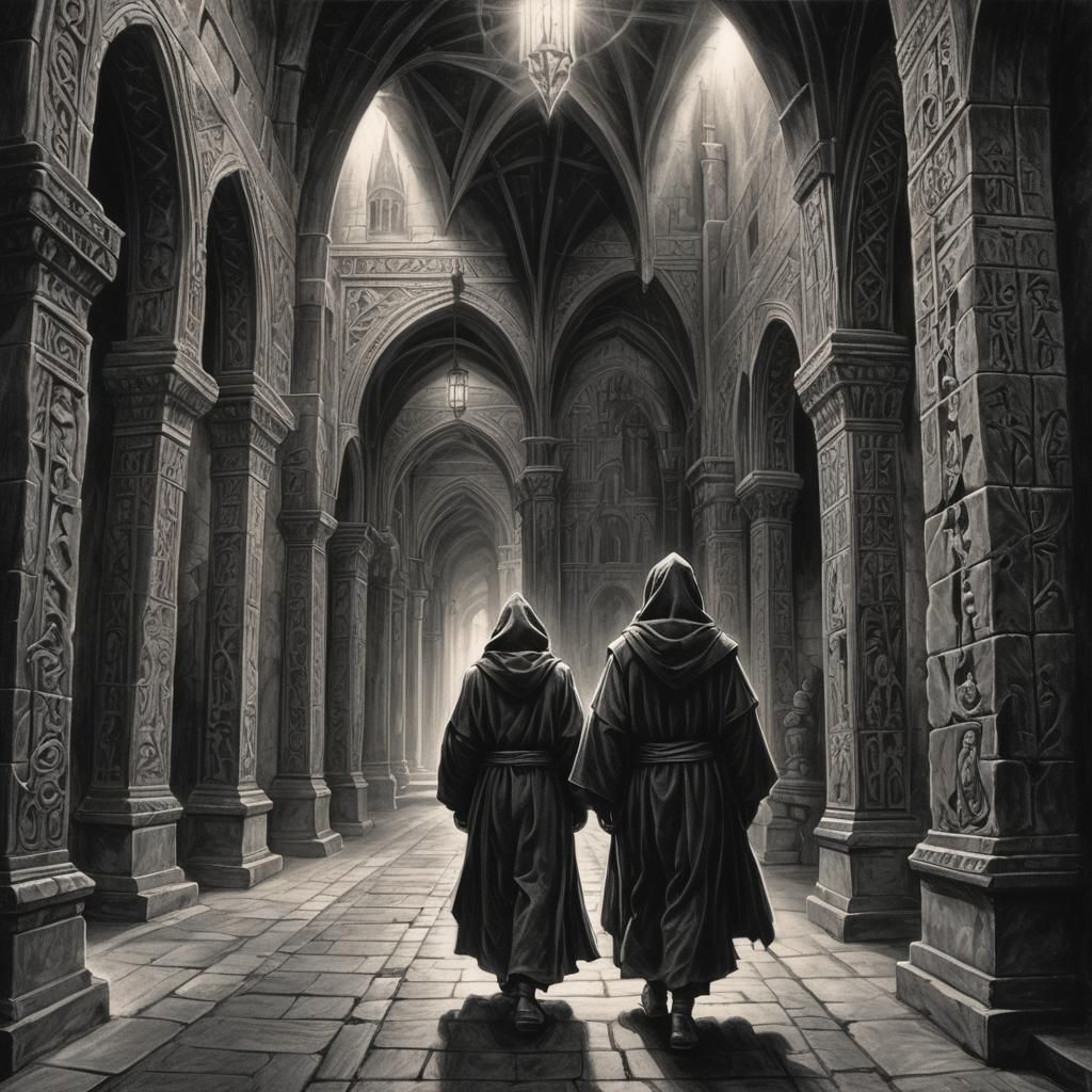 Mystical Monk in Dark Gothic Monastery