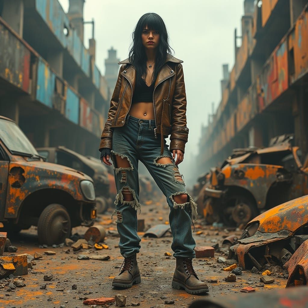 Dystopian Brunette in Junkyard, Oil Painting Style