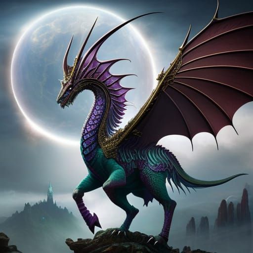 Mystical Dragon Embracing Blood Moons: Digital Matte Paintin...