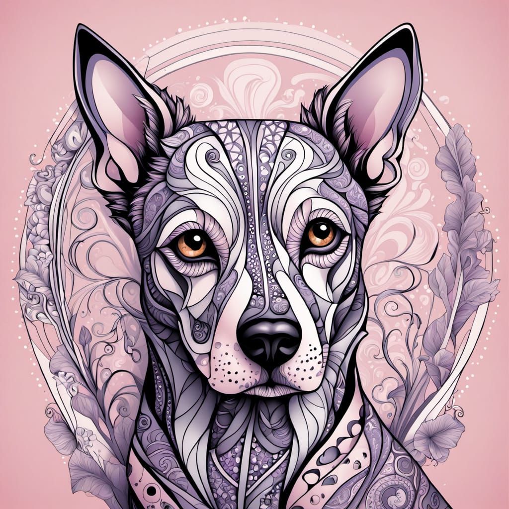 Whimsical Gothic Dog in Pastel Hues with Fractal Patterns