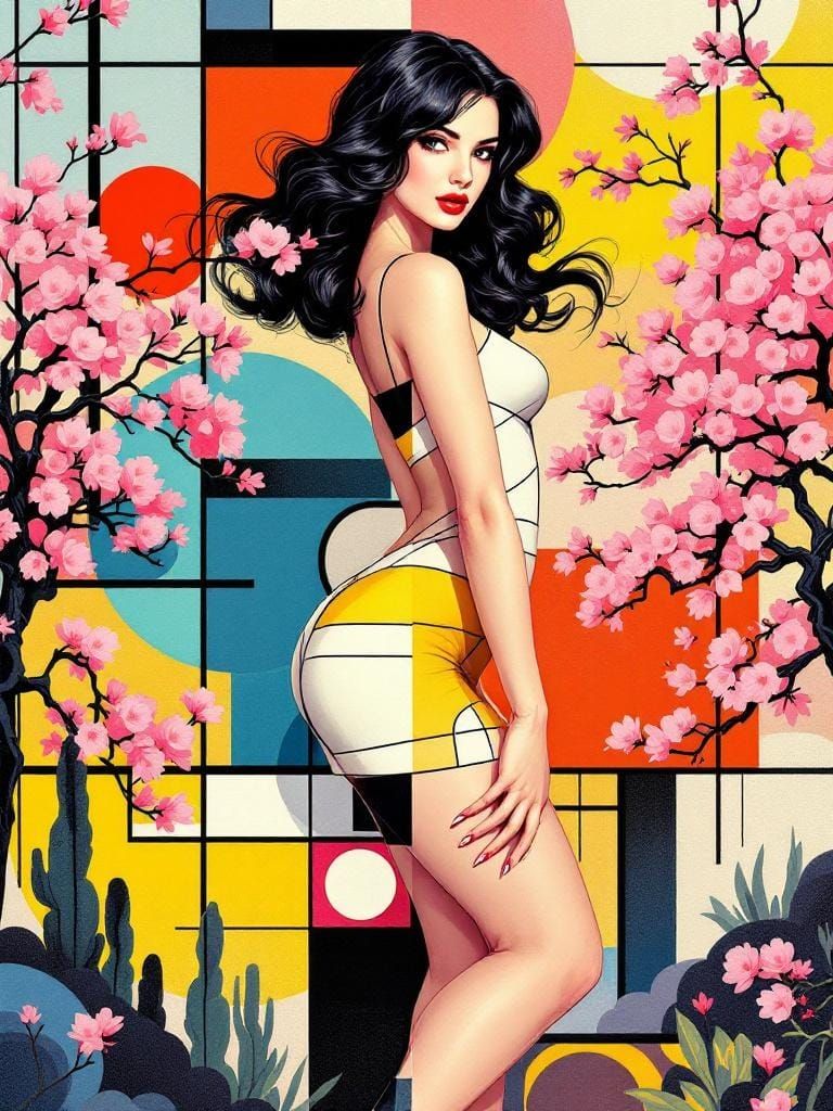 Vintage Pin-Up Fusion in Geometric Retro Style