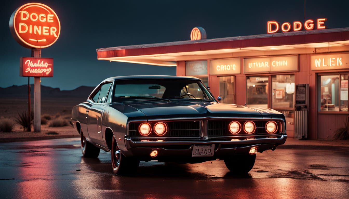 1969 Dodge Charger Under Neon Sign on Route 66