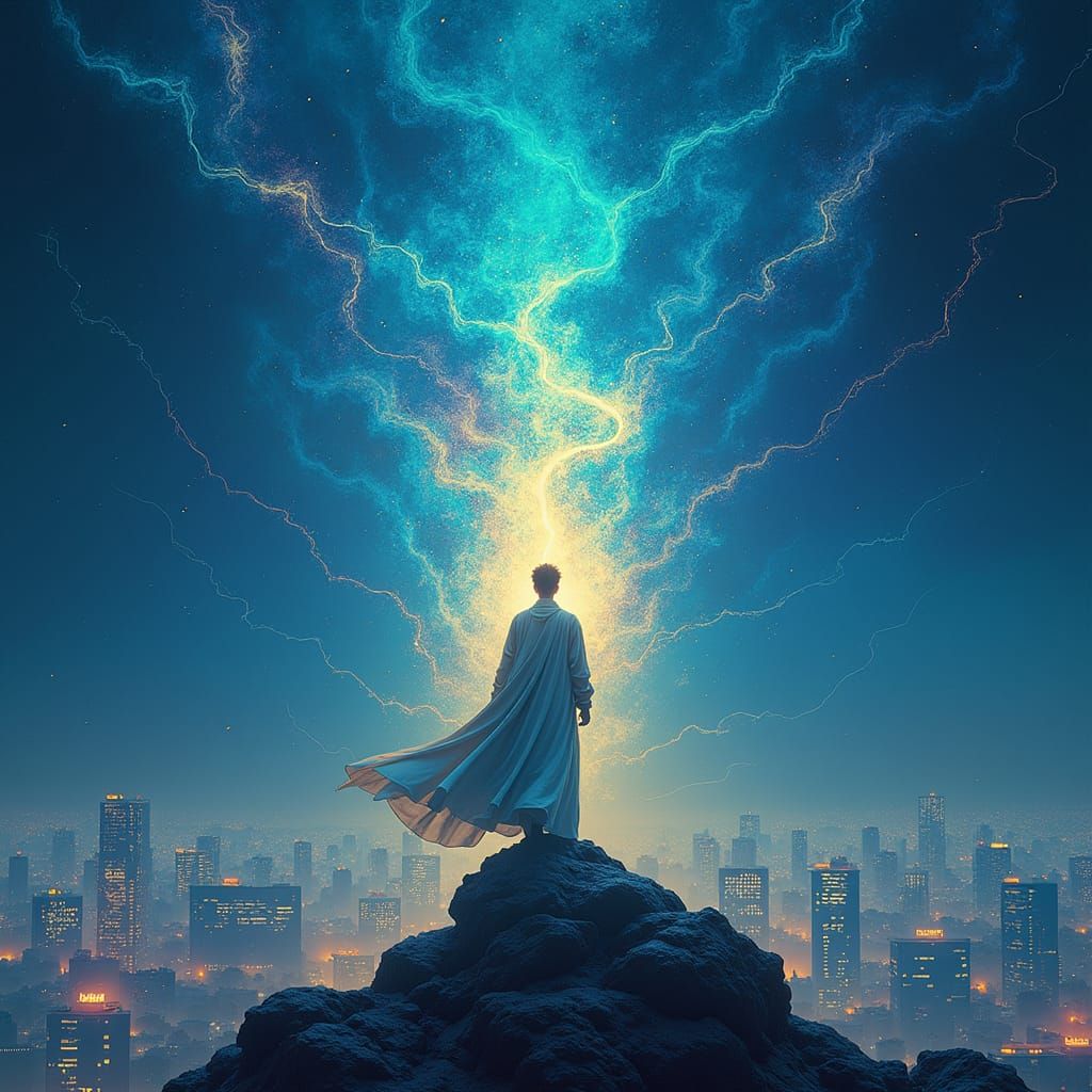 Gojo Satoru in a Mystical Night Cityscape