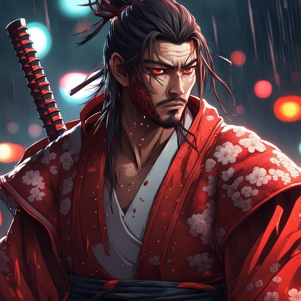 Neon Samurai: Hyperrealistic Anime Art in the Rain