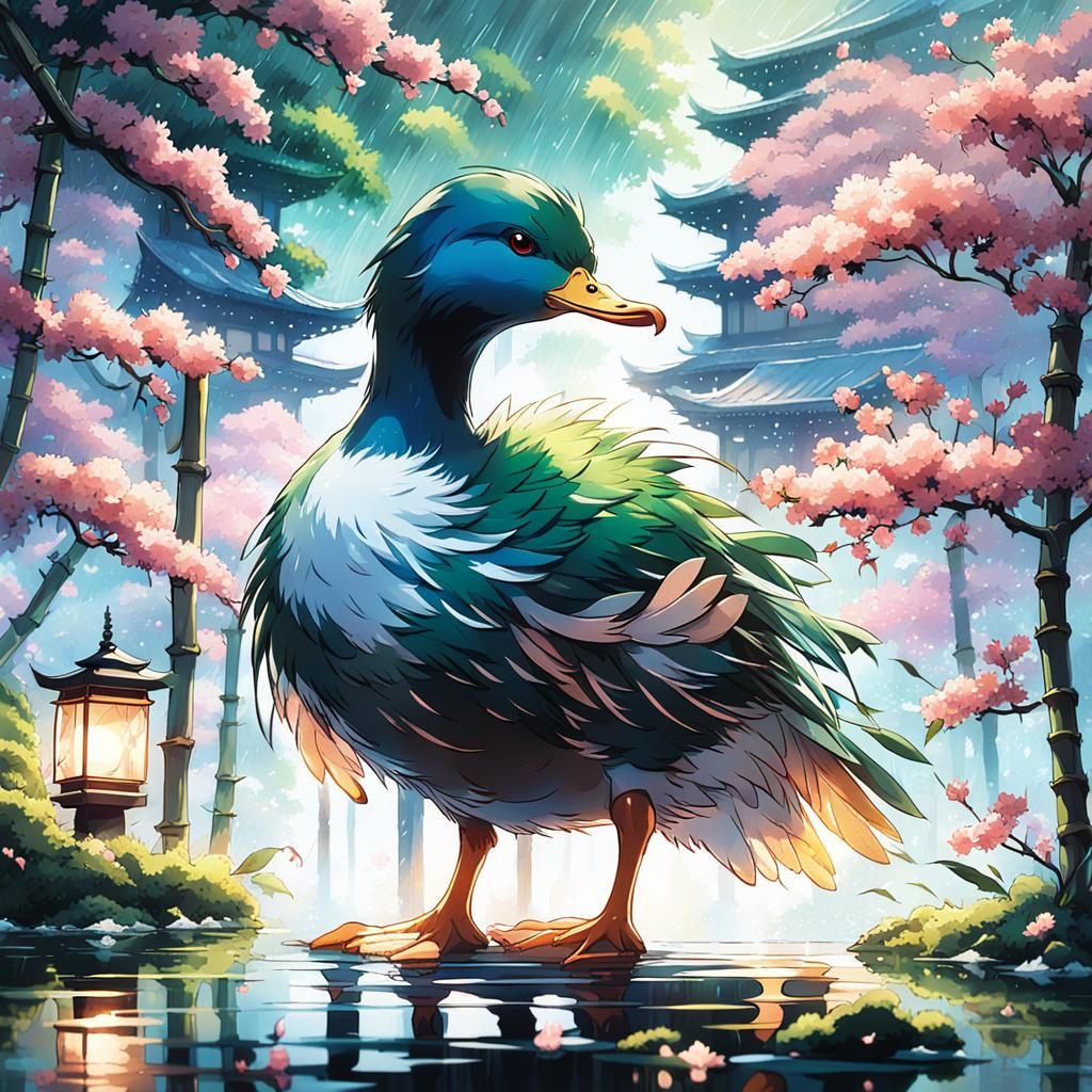 Psychic Duck Monster in Japanese Garden: Anime Concept
