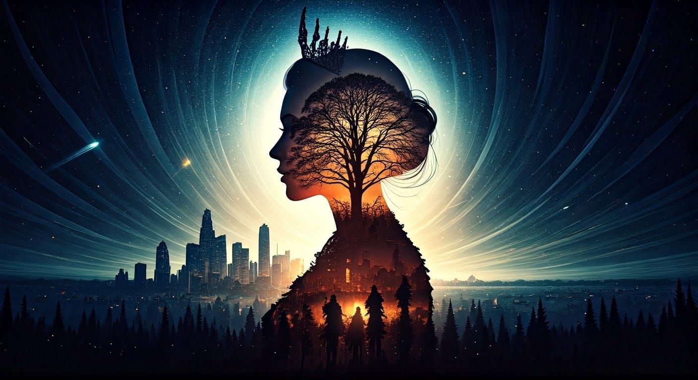 Ethereal Princess Amidst Cosmic Vortex in Double Exposure St...