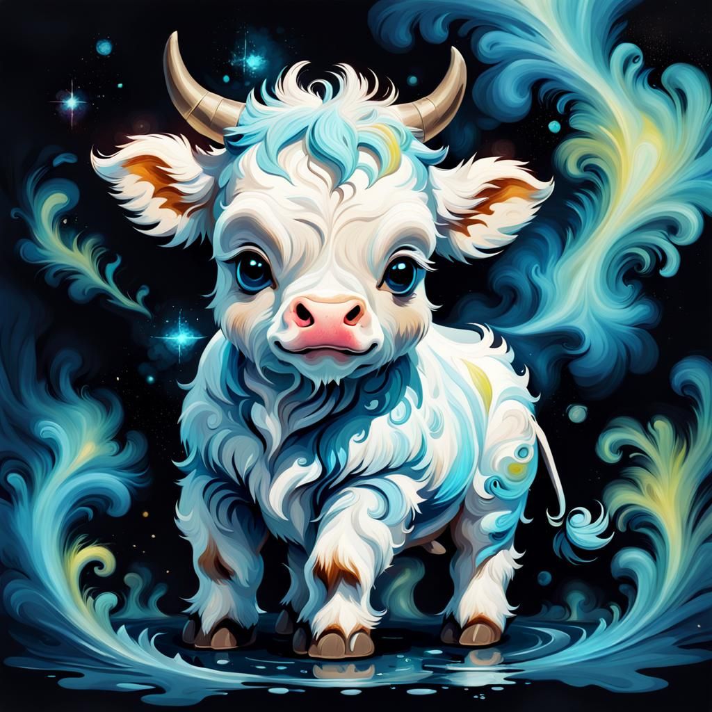 Cute Cow with Fluffy Fur in Impasto Style