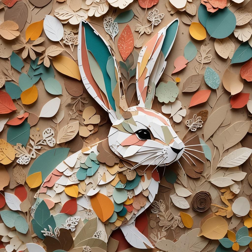 Whimsical Paper Collage Rabbit in Macro Photography