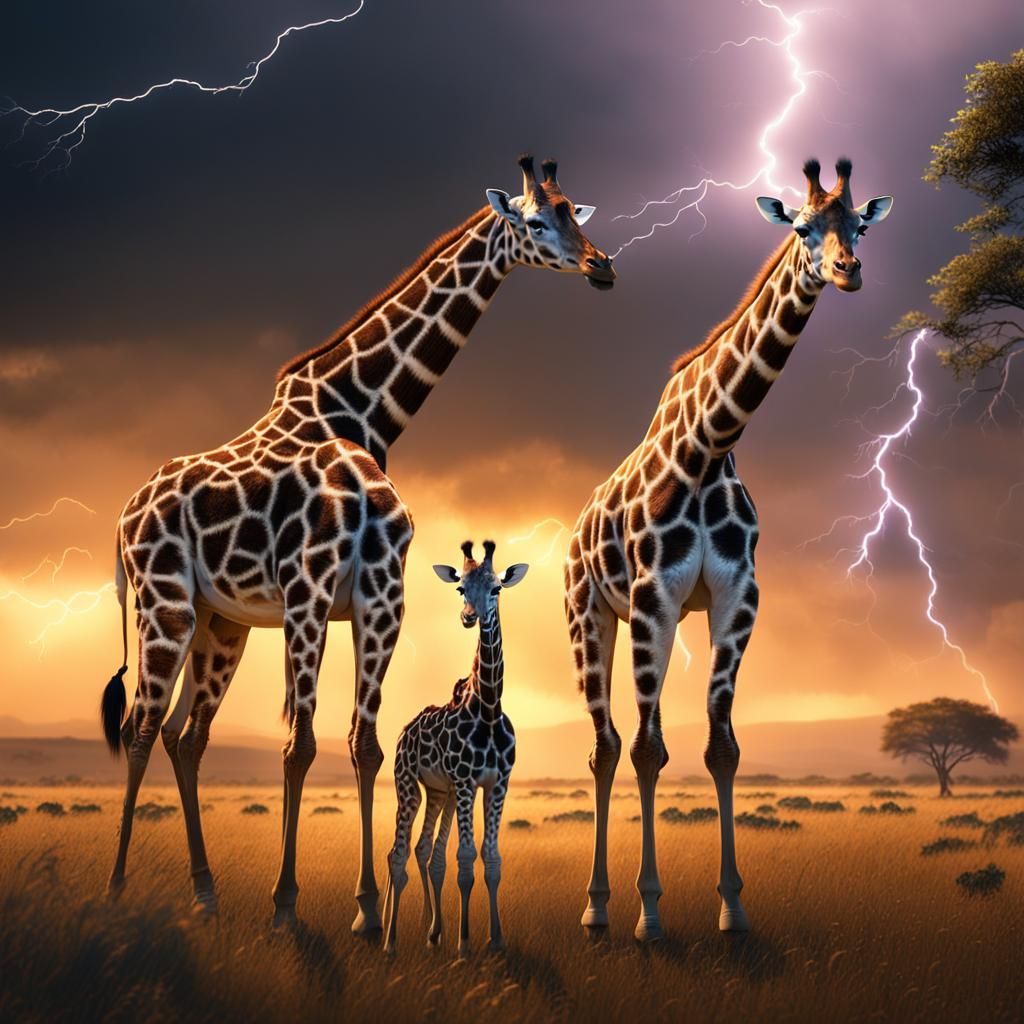 Mother and Baby Giraffe in Lightning Storm