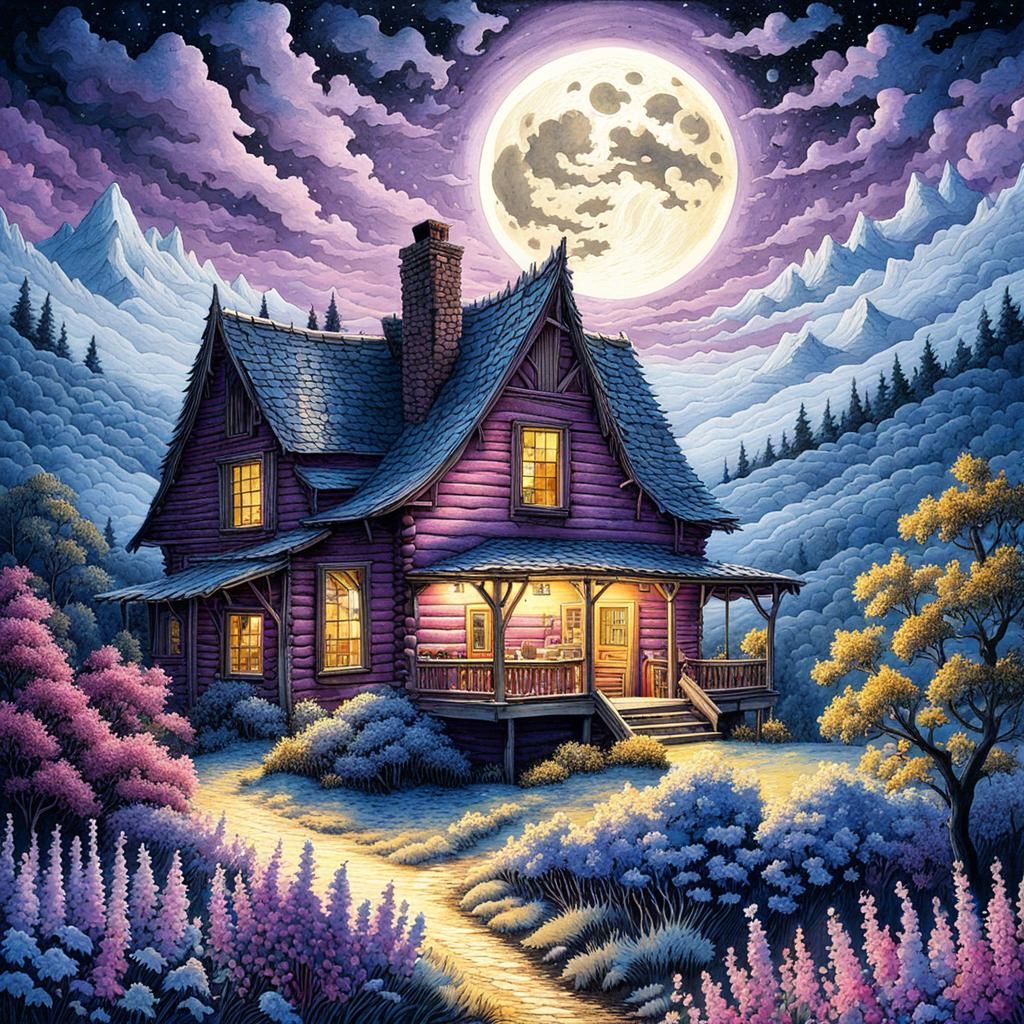 Watercolor Cabin Under the Starry Moonlit Sky