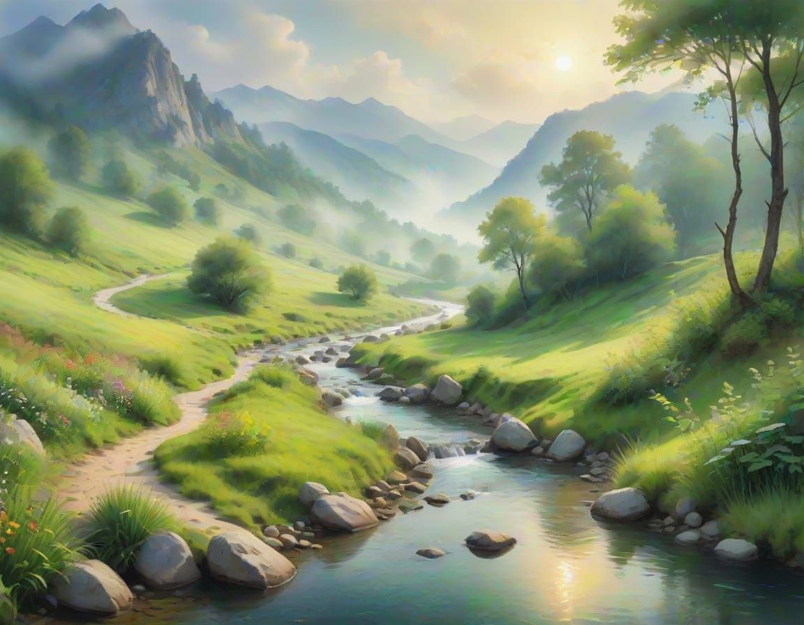 Whimsical Watercolor Landscape with Lush Hills and Forests