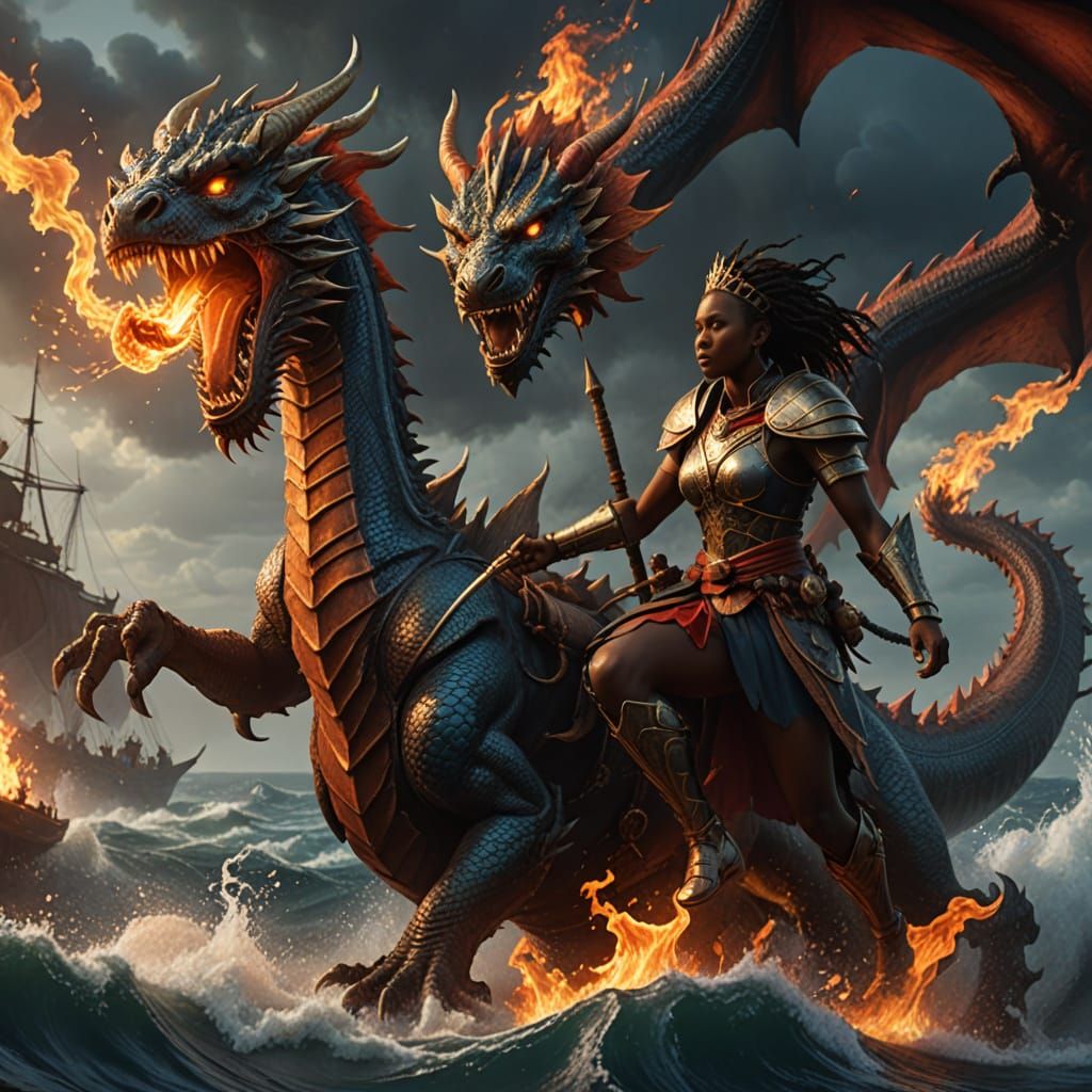 African Warrior Rides Fire Dragon Through Oceanic Waves