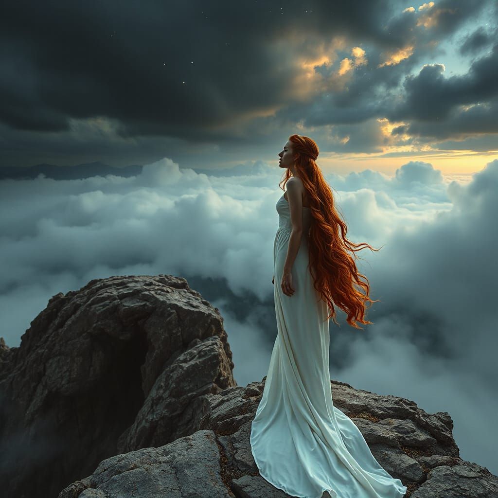 Ethereal Woman on Cliff Edge in Stormy Landscape