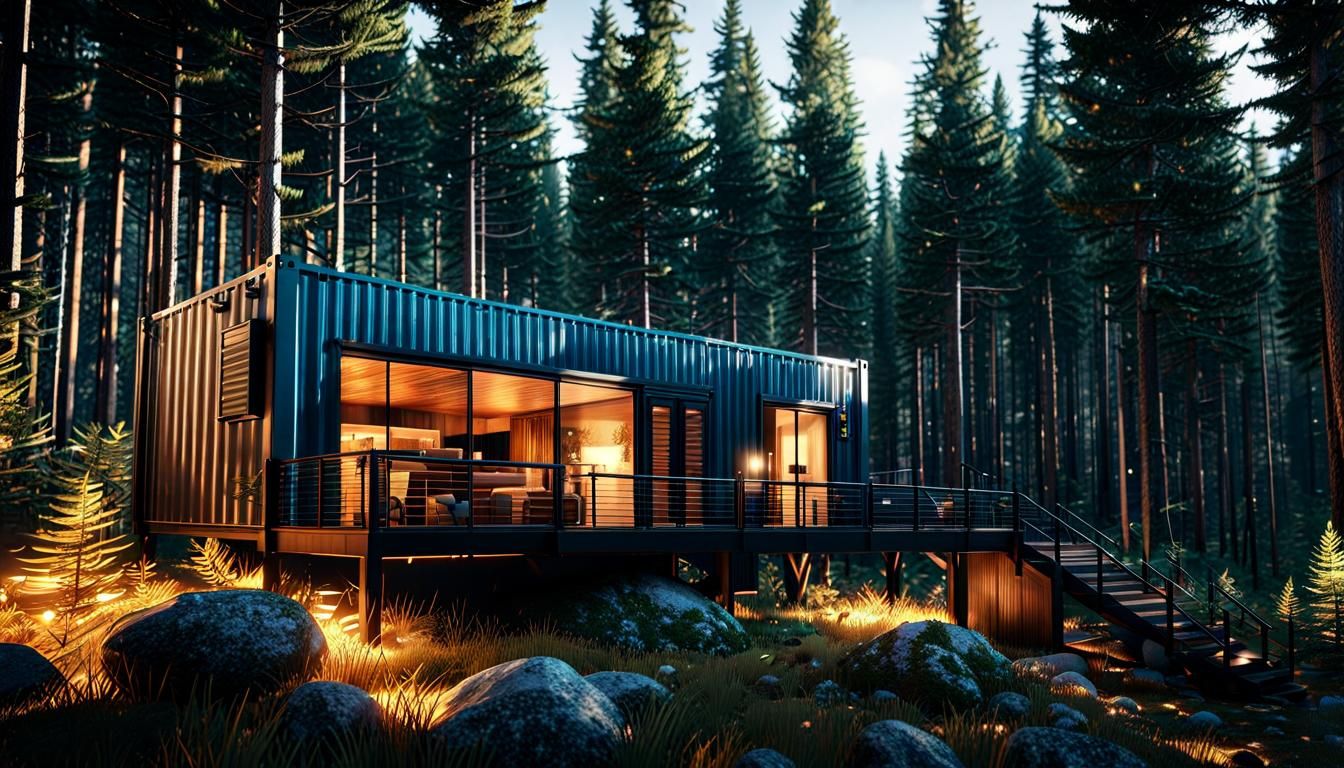 Container Home in Conifer Forest: Cinematic 3D Render