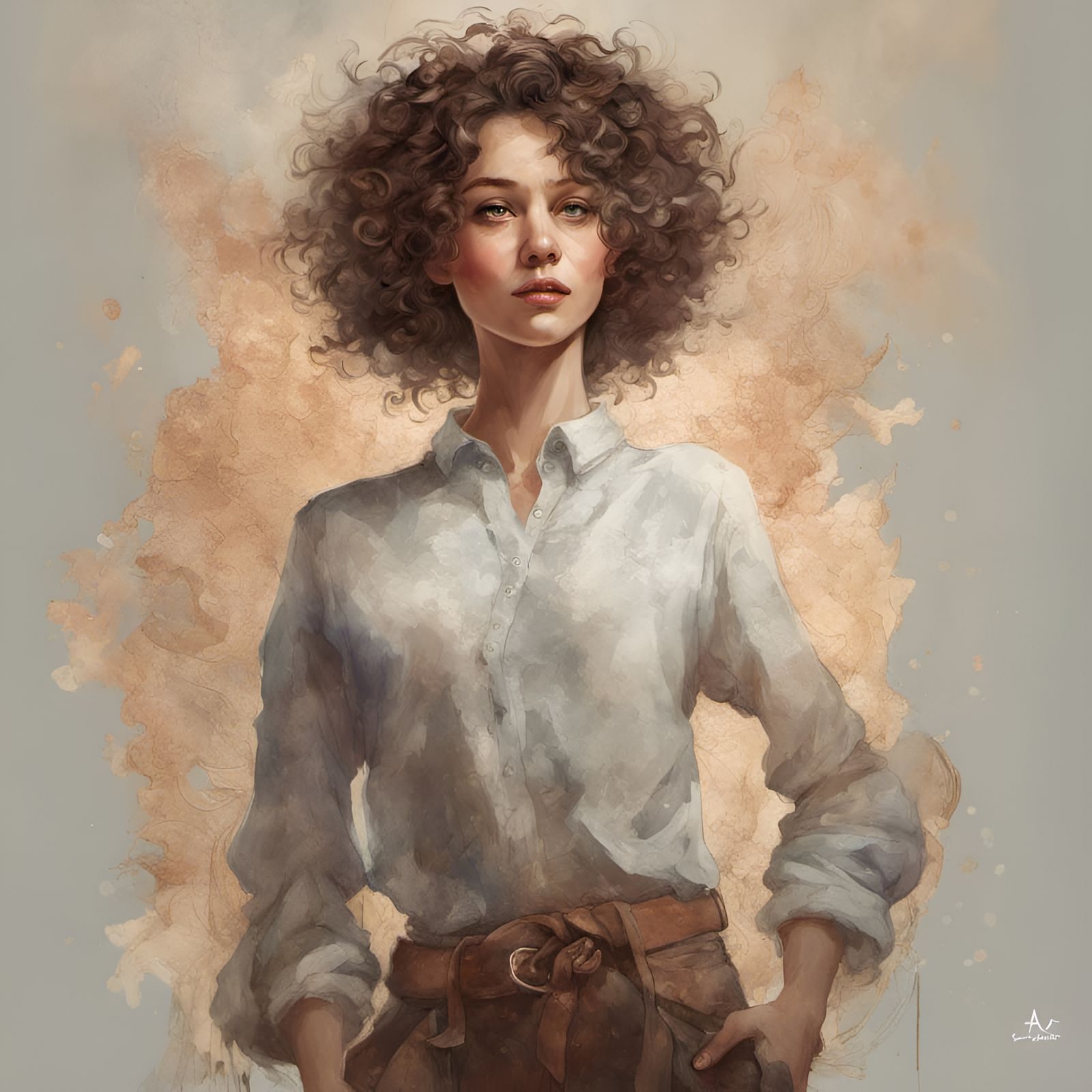 Gorgeous Curly Haired Woman Portrait in Digital Art Style