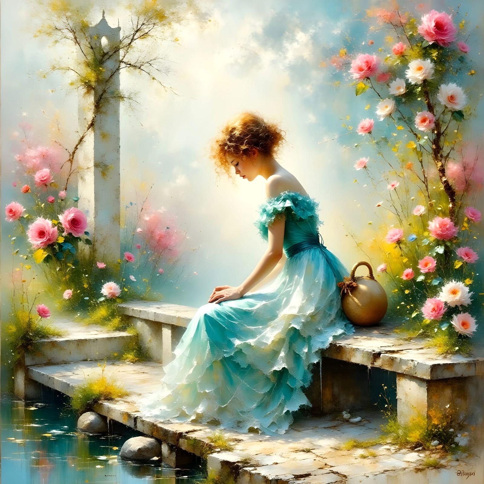 Ethereal Garden Scene in Soft Oil Painting Style