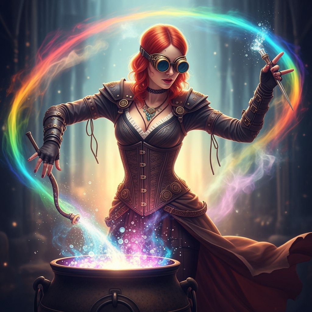 Steampunk Sorceress Conjuring Potion in Cinematic Style