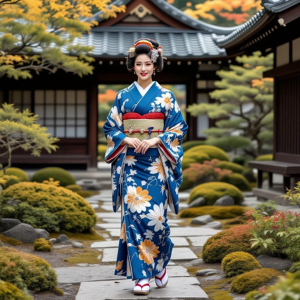 Elegant Japanese Woman in Garden, Hokusai Style