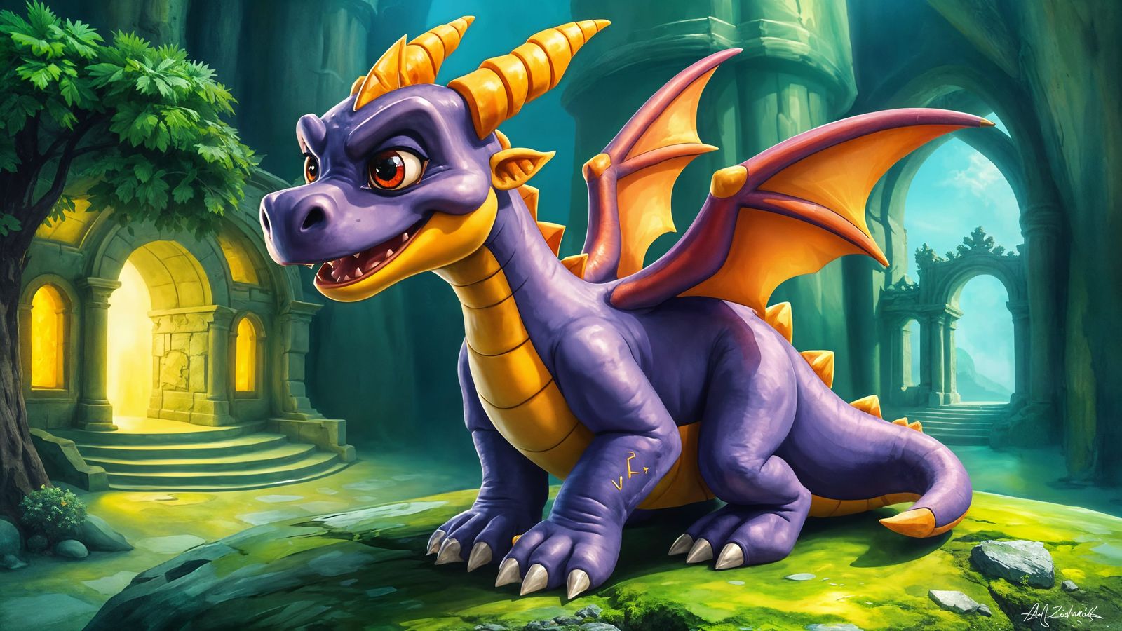 Adult Dragon in Fantasy Landscape, 3D Gouache Style