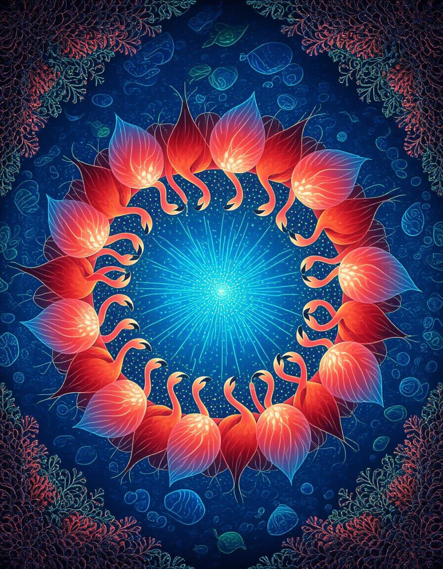 Bioluminescent Flamingos in a Mirrored Kaleidoscope