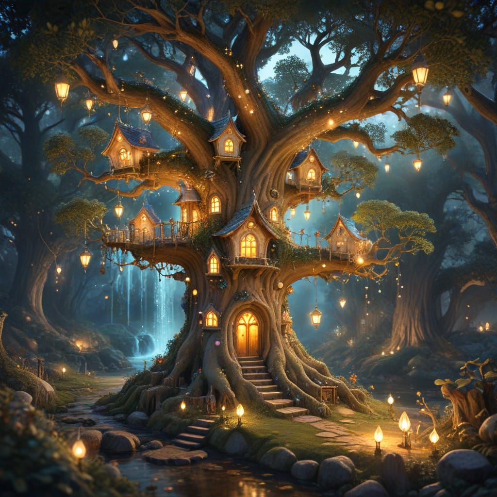 Enchanting Fairy Village in Watercolor Style