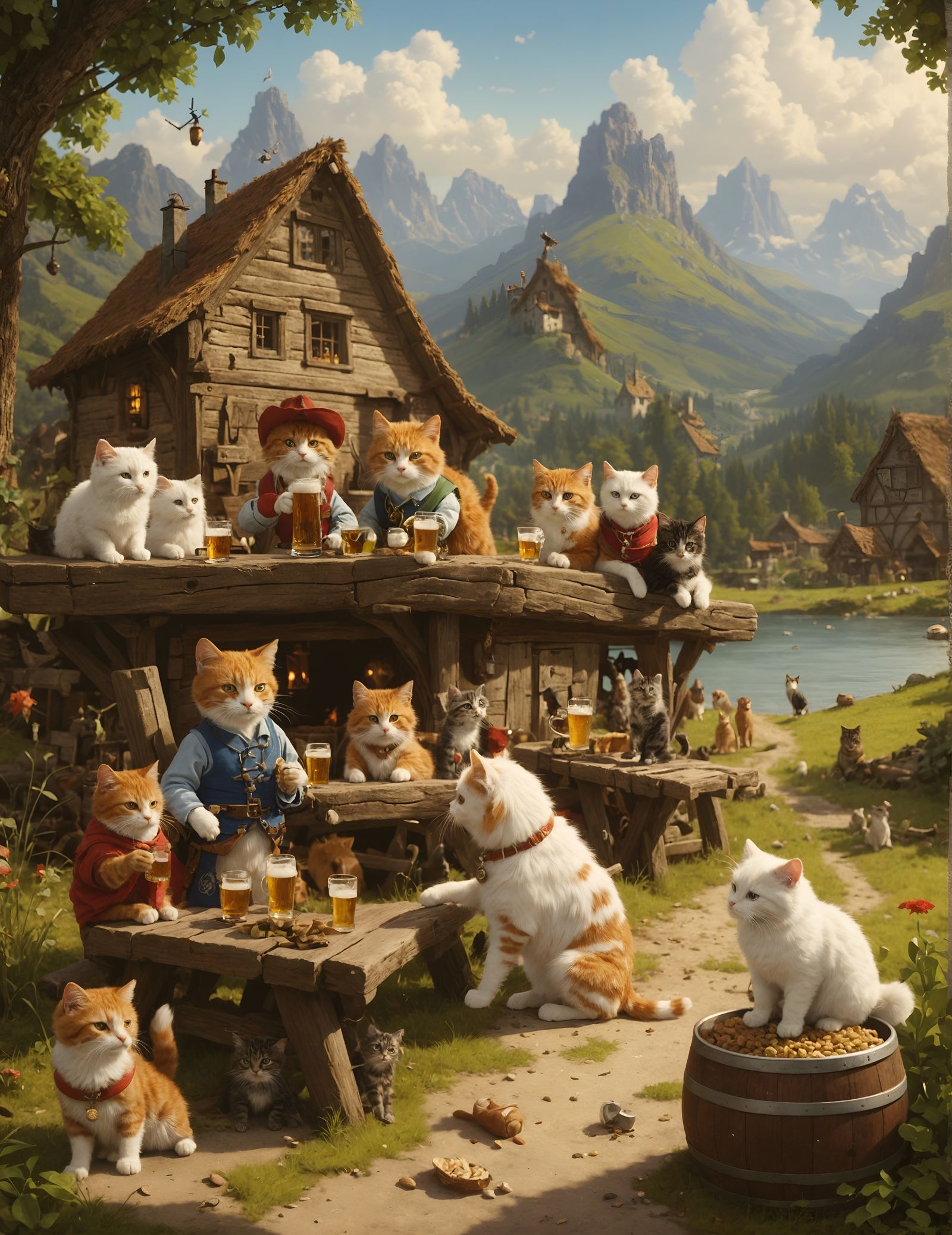 Cats and Dogs Drinking Beer in Roger Dean Style