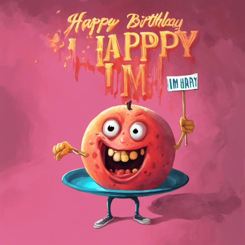 An angry grapefruit holding a sign that says "Happy Birthday...