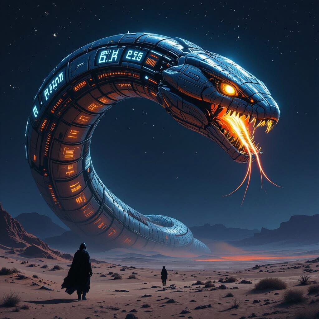Traveler Confronts Biomechanical Snake in Desolate Desert