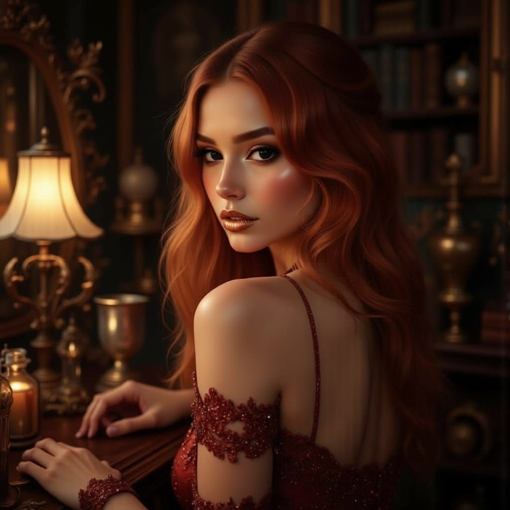 Gothic Portrait of Woman with Copper Hair and Dark Eyes