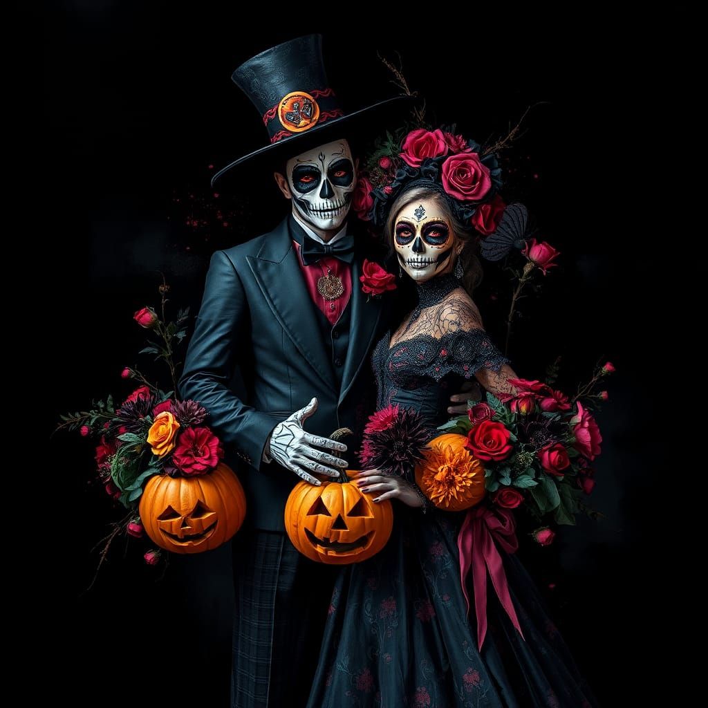Halloween Couple in Sugar Skull Costumes: Digital Art