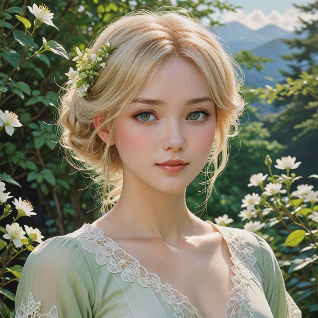 Ethereal Young Woman in Whimsical Art Nouveau Fashion