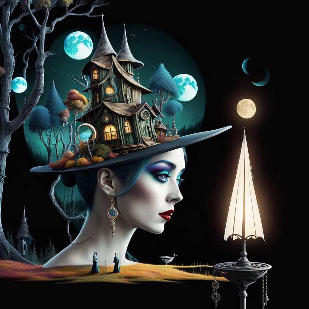 Neo-Victorian Woman in Surreal Autumn Treehouse Village