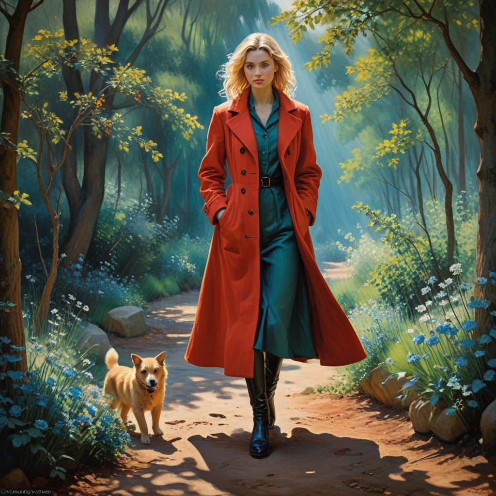 Chiaroscuro Beauty in Long Red Coat, Luis Royo Style