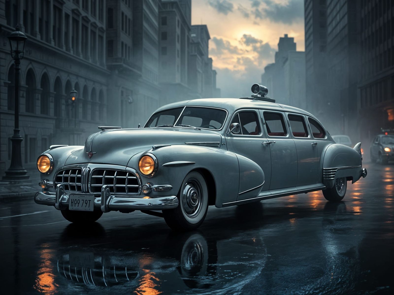 Majestic Steampunk Limousine Illuminated at Dusk