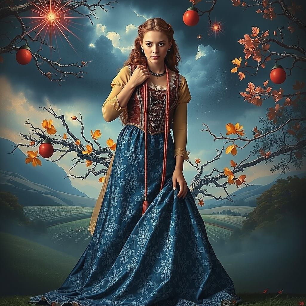 Ornate Figure in French Countryside with Golden Light