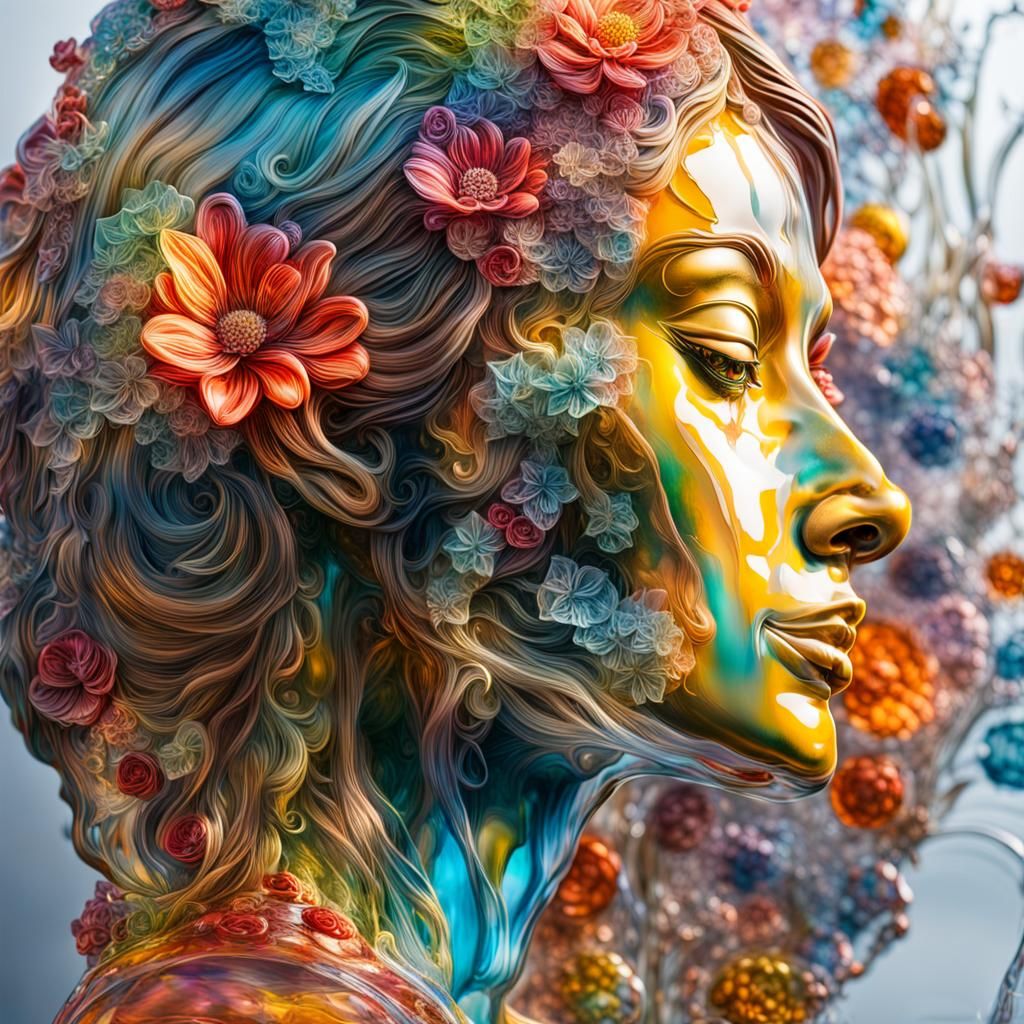 Vibrant Glass Woman Sculpture in Surreal Graffiti Style