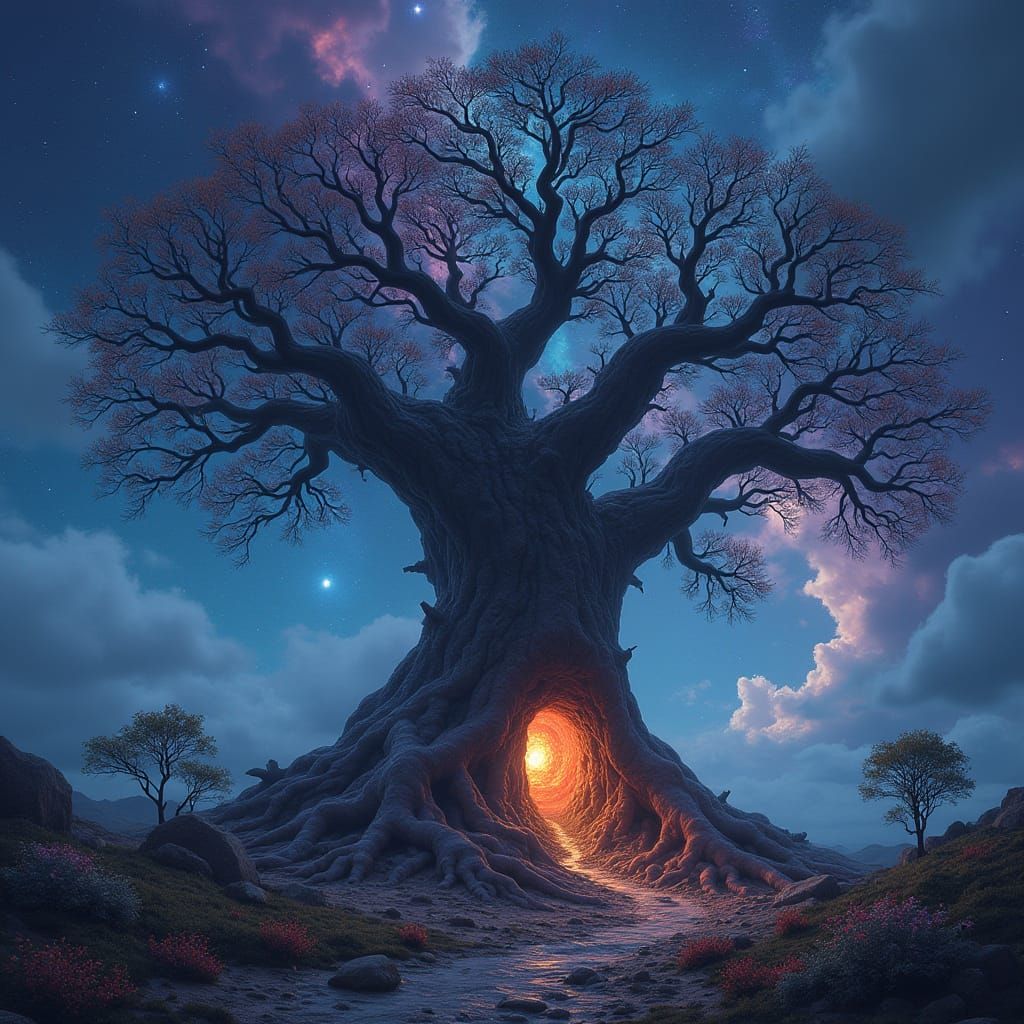 Cosmic Petrified Tree with Bioluminescent Flora