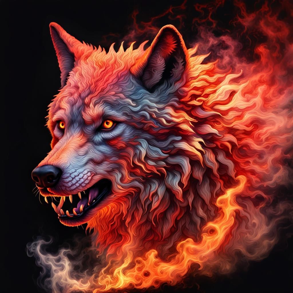 Fiery Wolf in Watercolor with Gold Accents