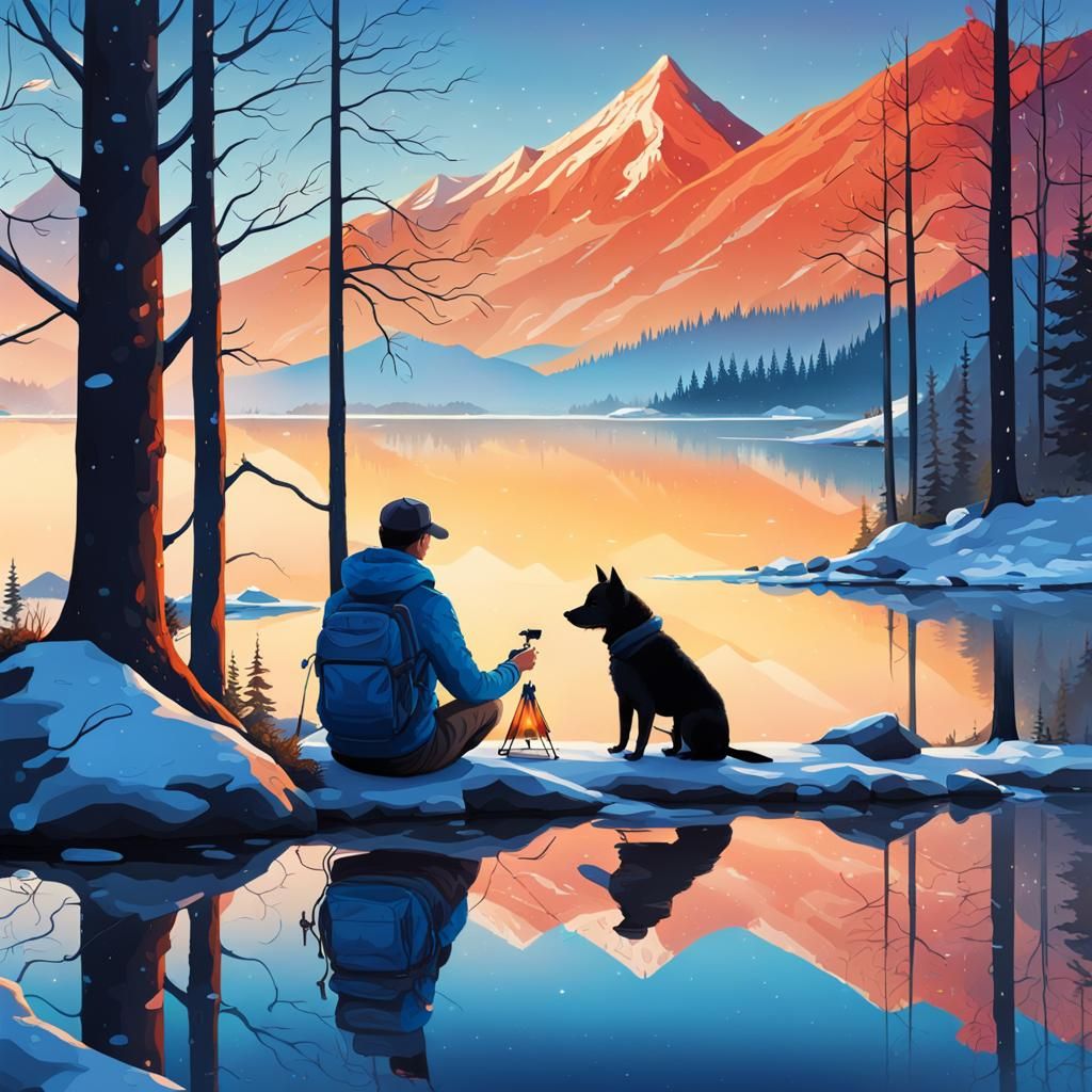 Man and Dog Camping in Woods, Digital Art