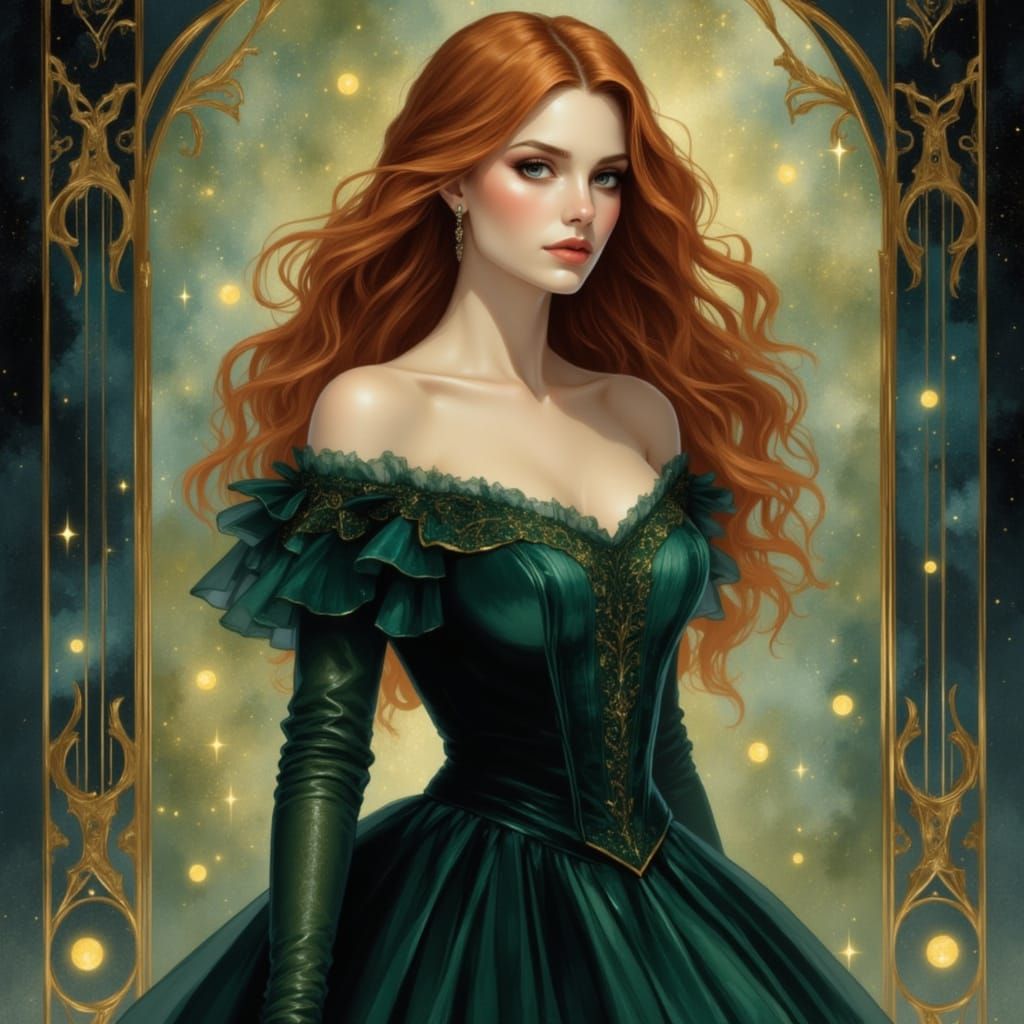 Woman in Emerald Gown in Twilight Glow