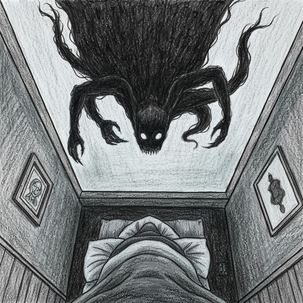 Creepy Shadow Creature Above in Crayon Drawing