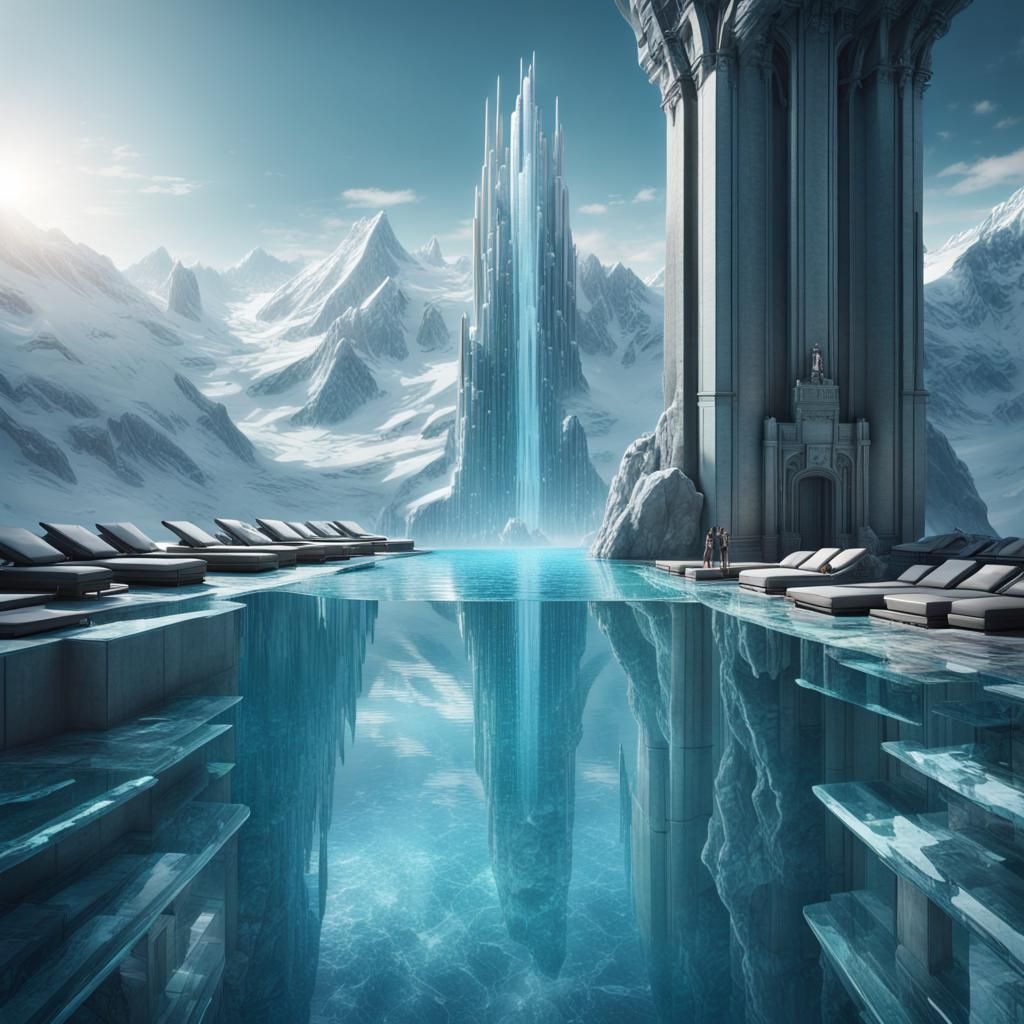 Futuristic Crystal Pool in Tower with Glacial Hues