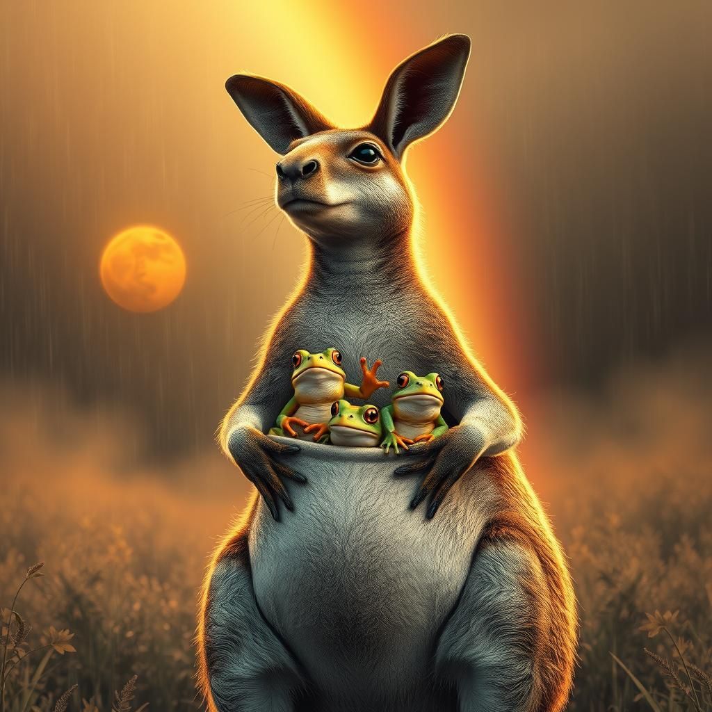 Kangaroo with Frog Entourage Under Rainbow