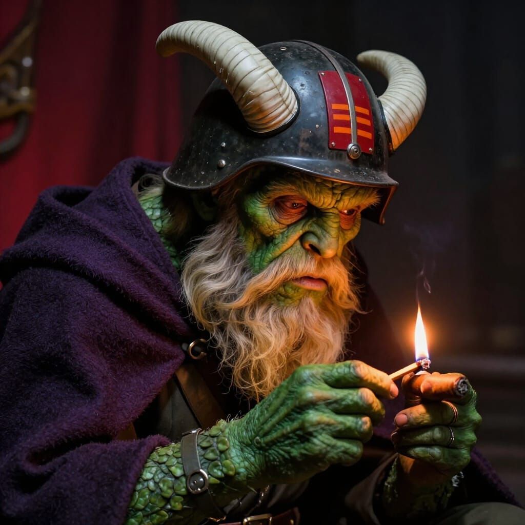 Aged Green-Skinned Being Lights Cigar in Photorealistic Styl...