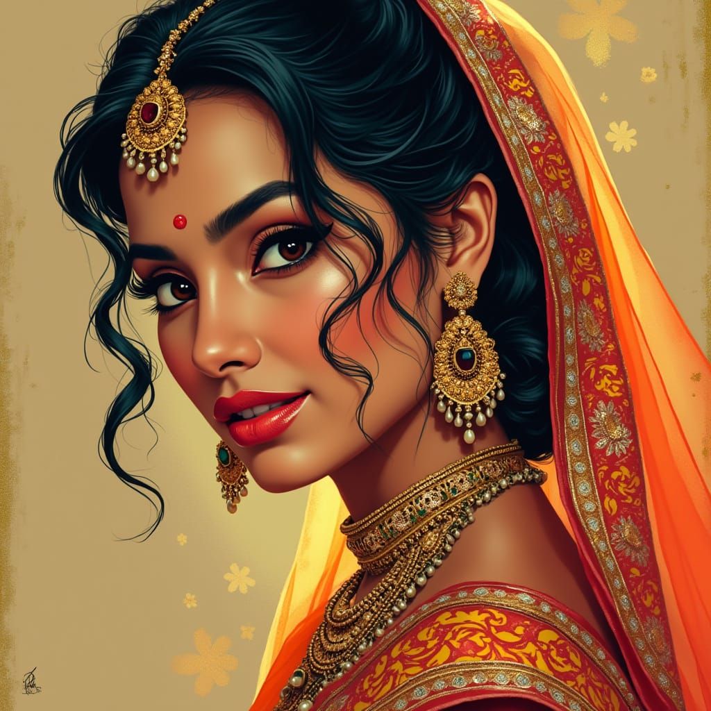 Indian Goddess in Traditional Attire, Exuding Sensuality and...