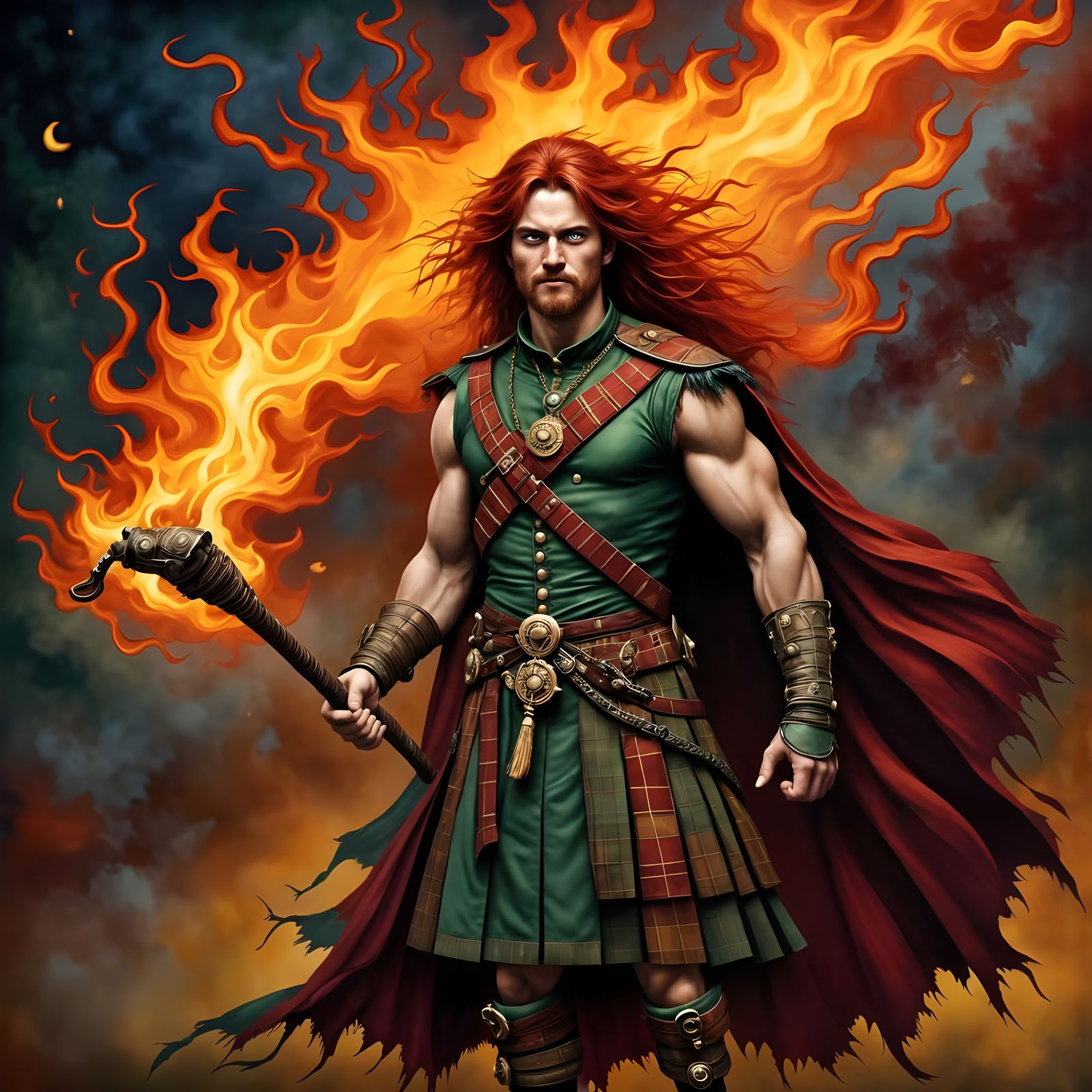 Highland Warrior with Flaming Bagpipe in Scotland